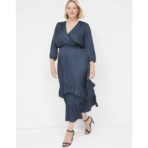 New Lane Bryant Womens 22 Dress Flounce Midi Surplice Navy Blue Tiered Plus Size